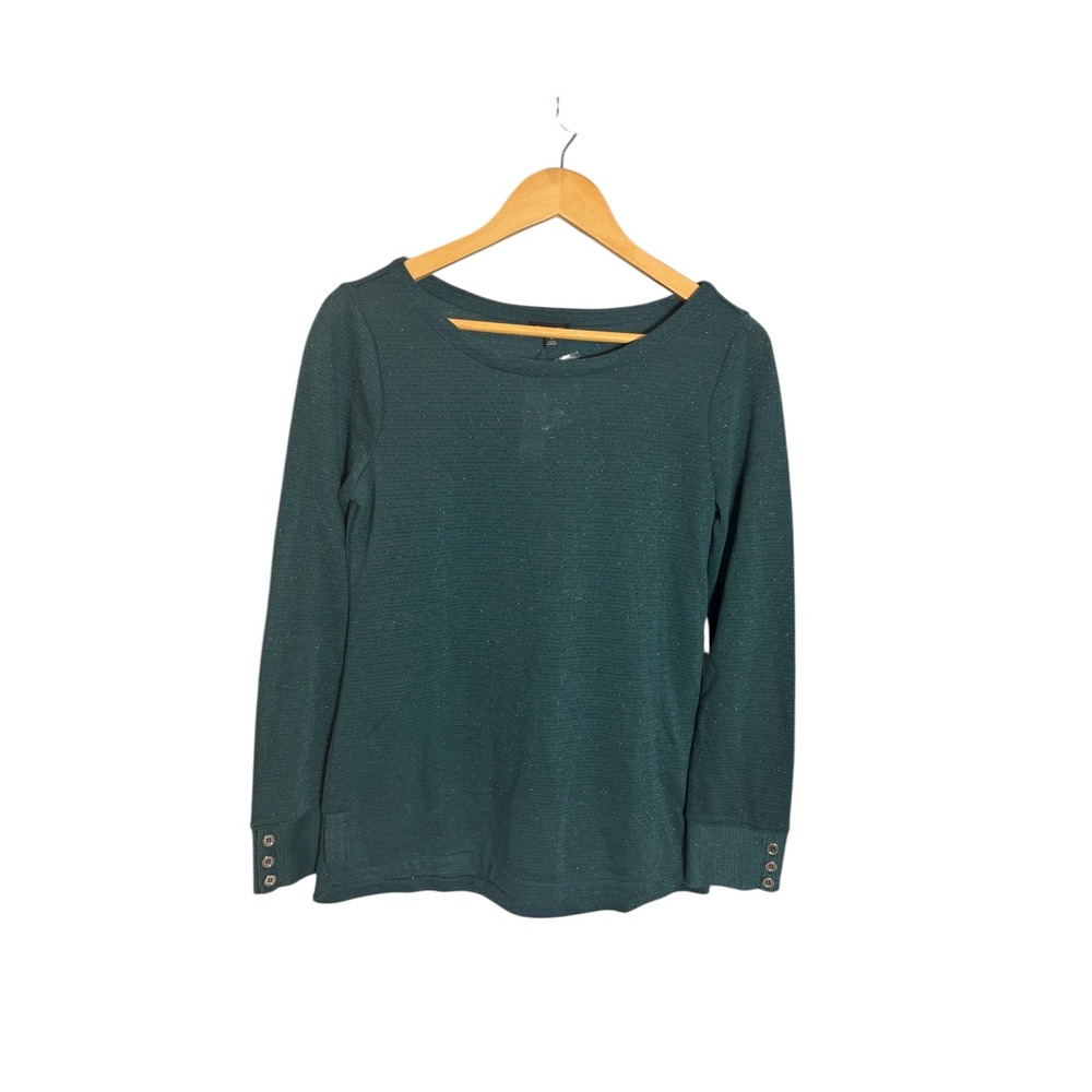 NWT Talbots Women's Small Green Metallic Sparkle Long Sleeve Top Button Cuff